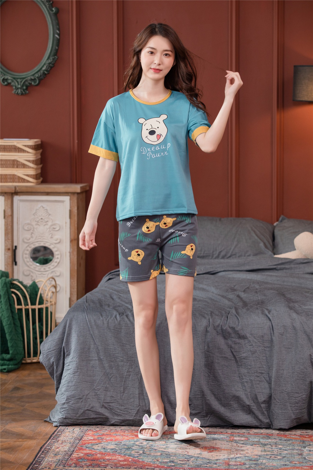 Summer short sleeve shorts cartoon bear pajamas 2pcs set