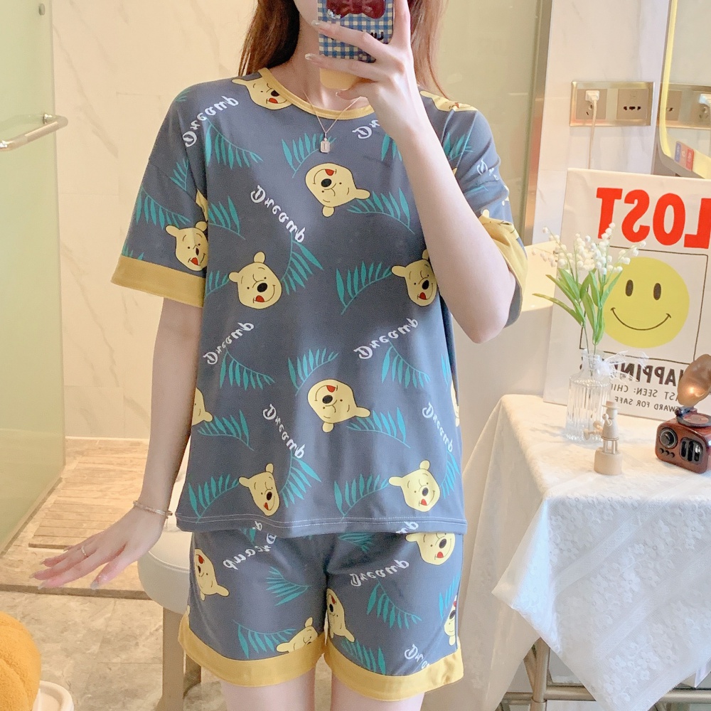 Loose cartoon pajamas thin shorts 2pcs set for women