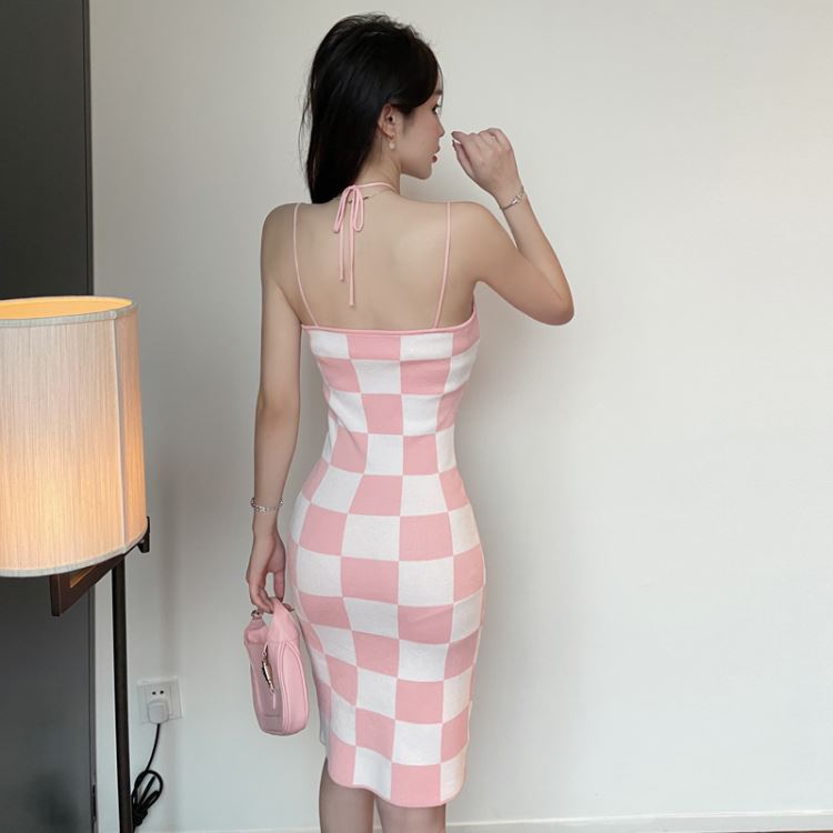 Halter sexy chessboard temperament dress for women
