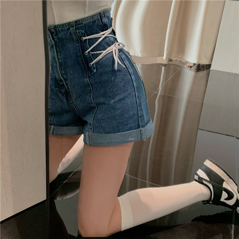 Bandage slim short jeans unique high waist pants for women