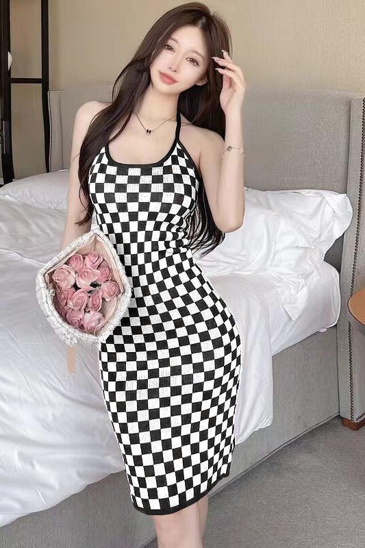 Chessboard sling package hip spicegirl sexy dress