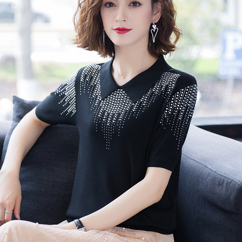 Rhinestone knitted tops summer ice silk T-shirt