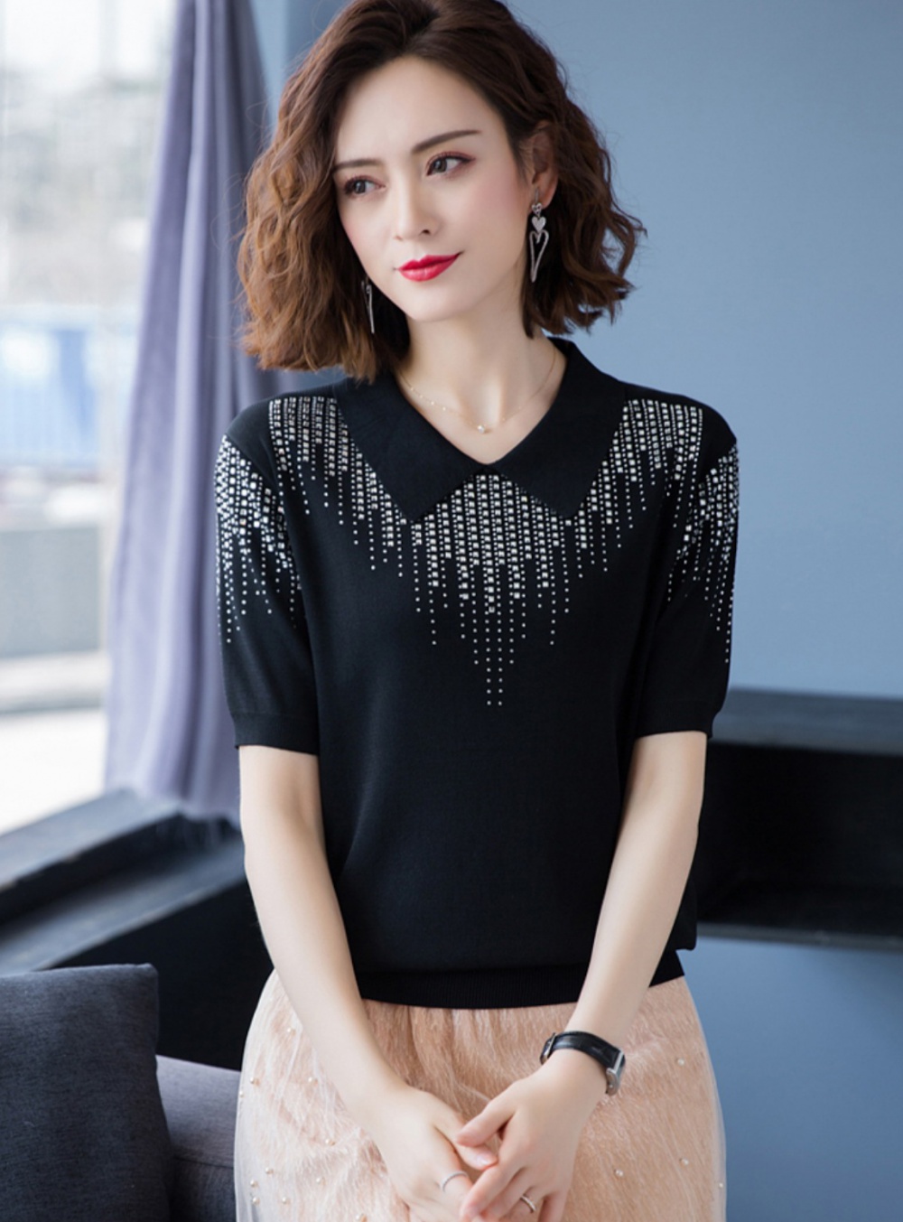 Rhinestone knitted tops summer ice silk T-shirt