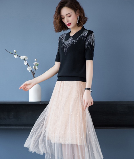 Rhinestone knitted tops summer ice silk T-shirt