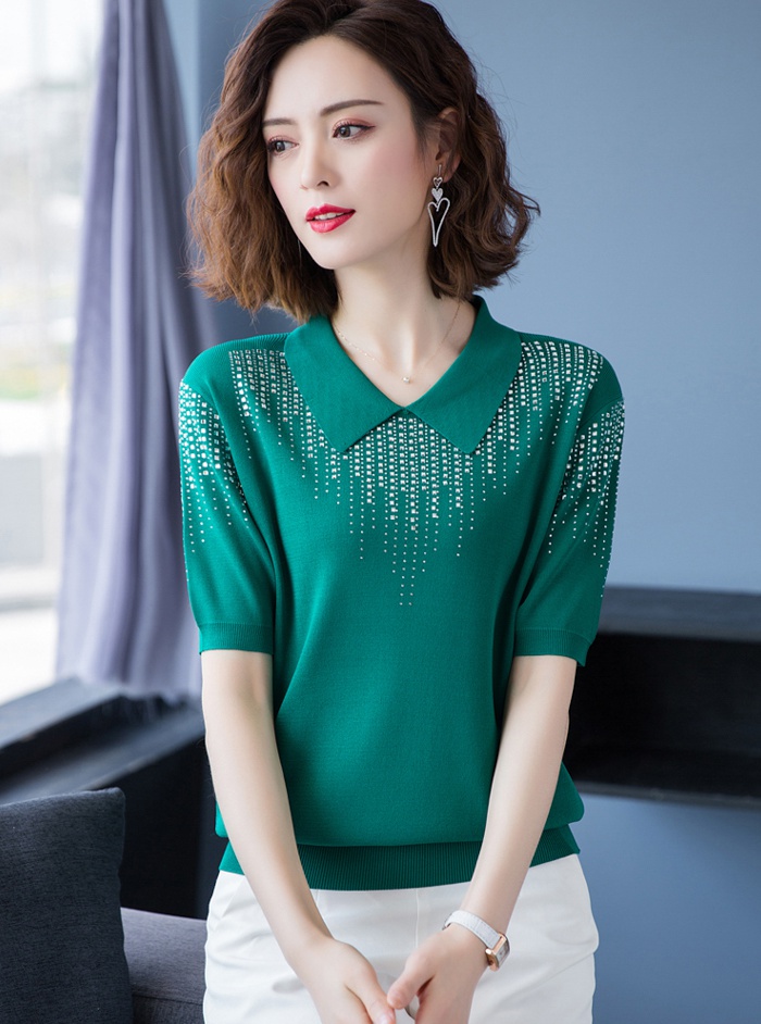 Rhinestone knitted tops summer ice silk T-shirt