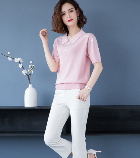 Rhinestone knitted tops summer ice silk T-shirt