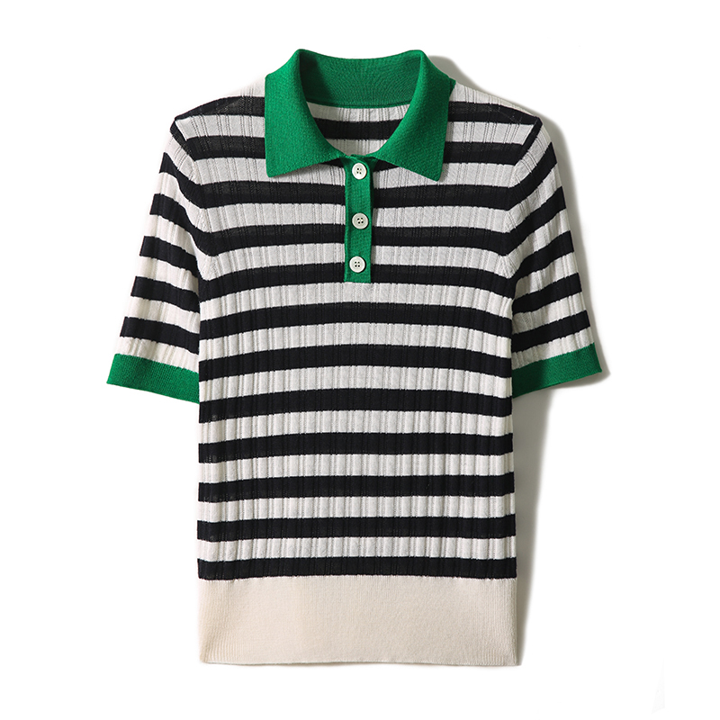 Spring and summer stripe wool short sleeve sweater