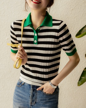 Spring and summer stripe wool short sleeve sweater