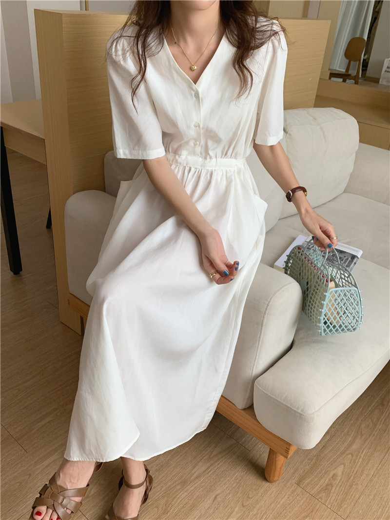 Pure V-neck long Korean style frenum pinched waist dress