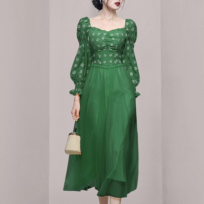 France style spring and summer long green temperament dress