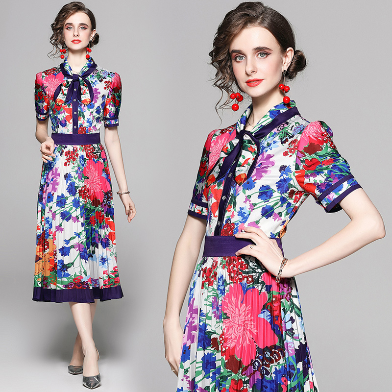 Fashion short sleeve printing European style crimp dress