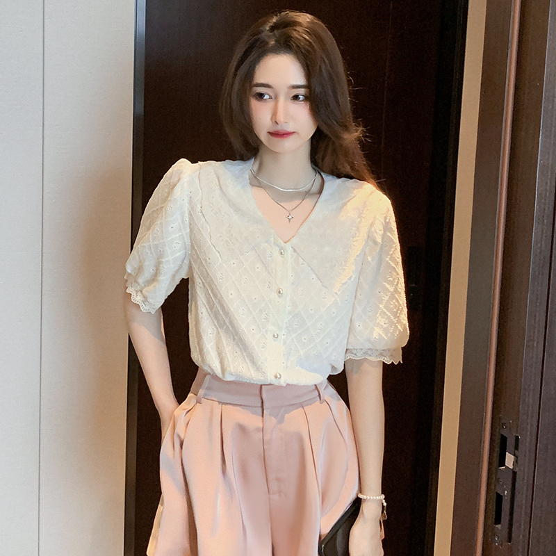 Hollow splice shirt all-match Korean style tops for women