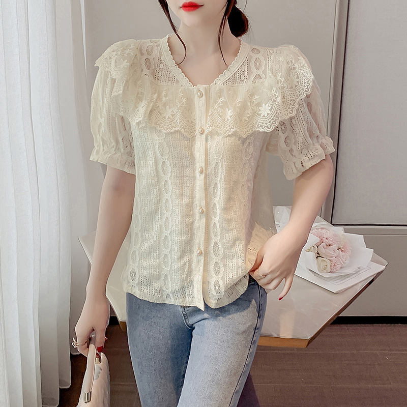 Korean style lace tops short sleeve shirts for women