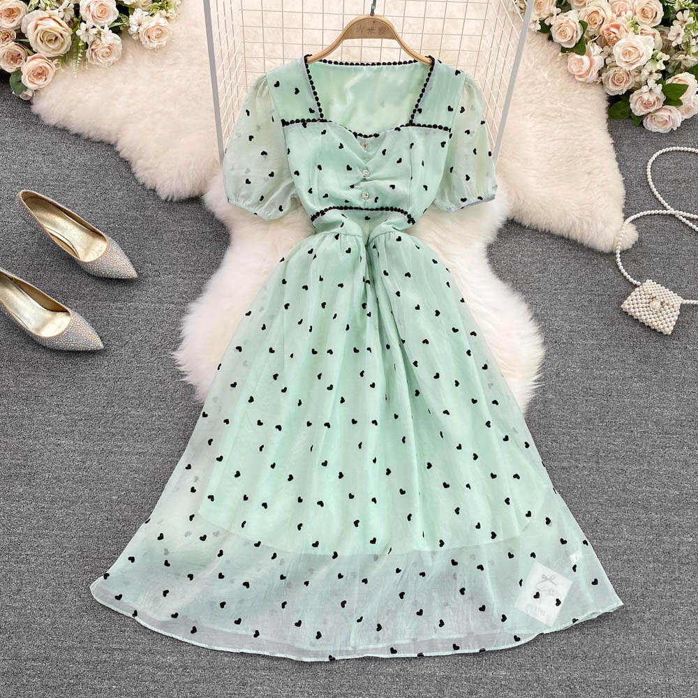 Summer Korean style heart short sleeve square collar dress