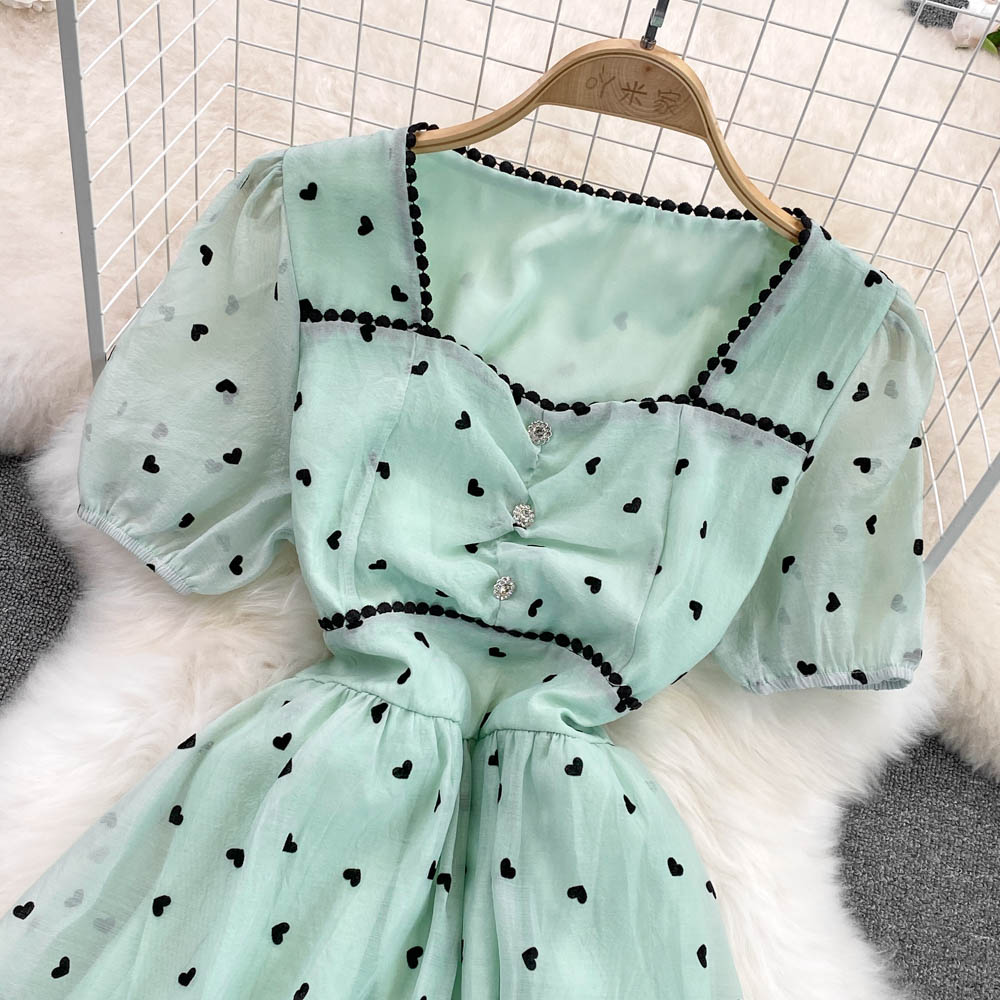 Summer Korean style heart short sleeve square collar dress