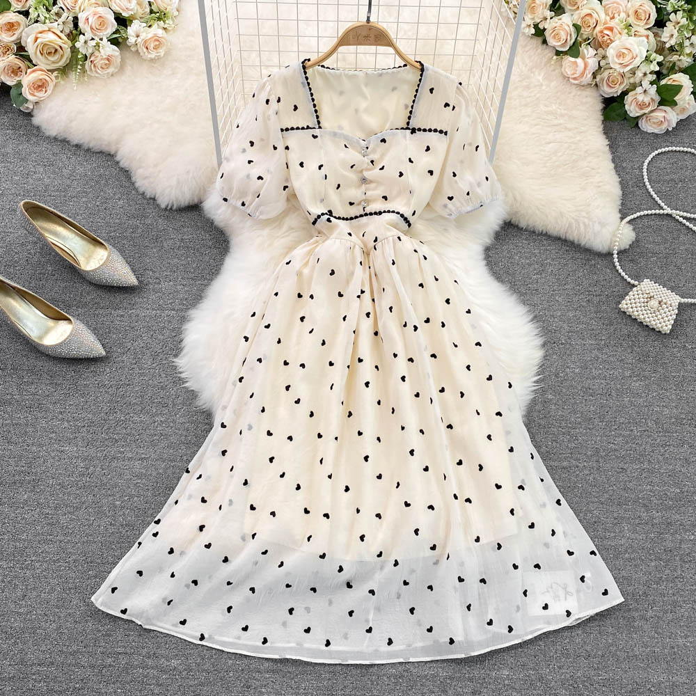 Summer Korean style heart short sleeve square collar dress