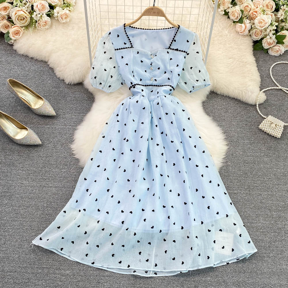 Summer Korean style heart short sleeve square collar dress