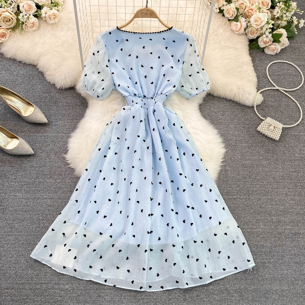 Summer Korean style heart short sleeve square collar dress