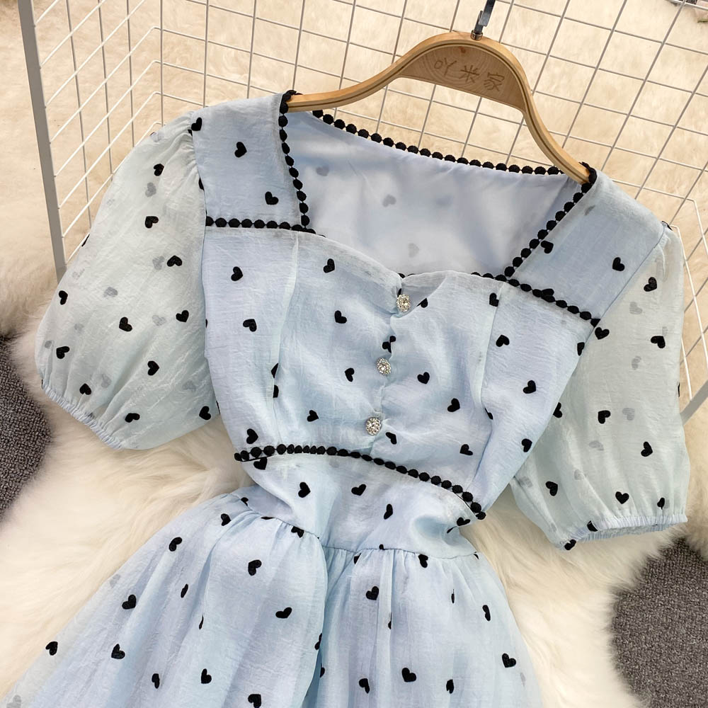 Summer Korean style heart short sleeve square collar dress