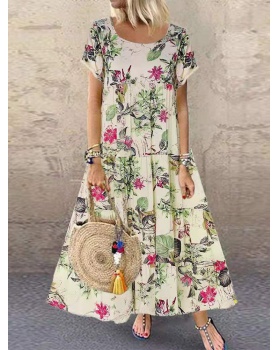 Printing short sleeve flowers dress for women