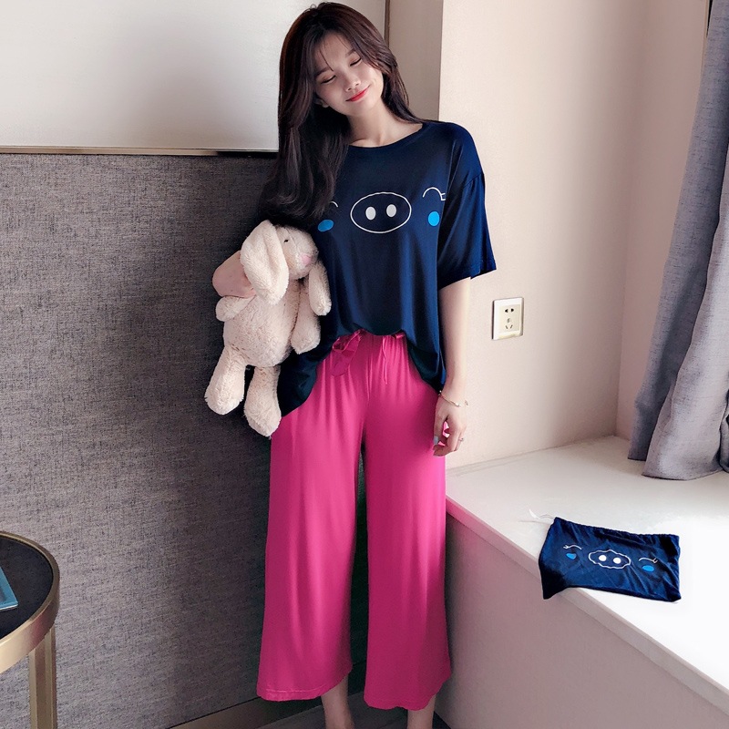 Homewear autumn cropped pants modal pajamas 2pcs set for women