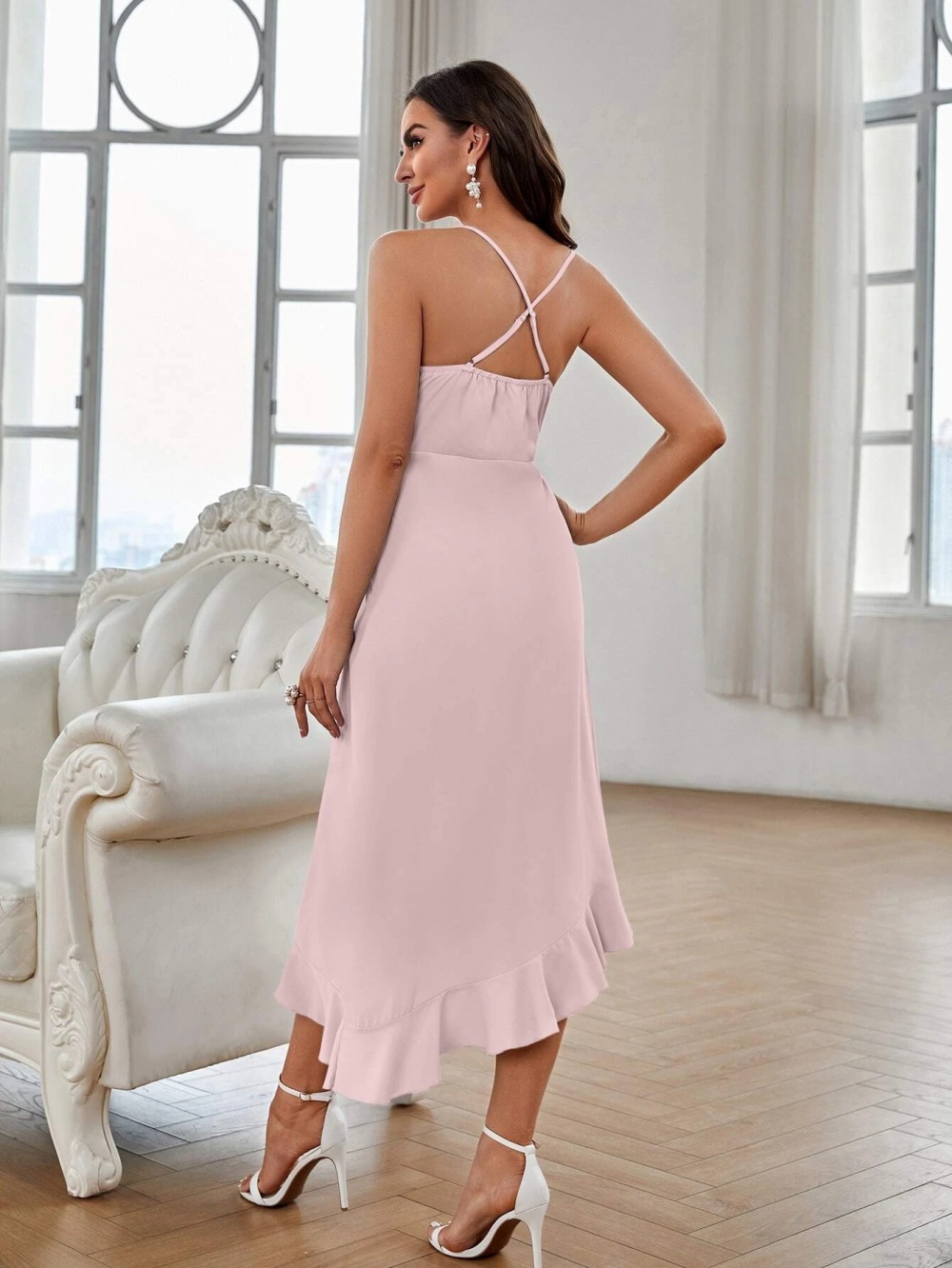 Sexy summer sling lotus leaf edges pure halter dress