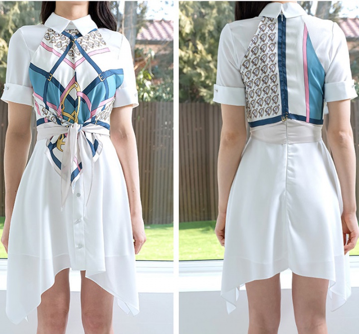 Printing short sleeve shirt collar frenum dress