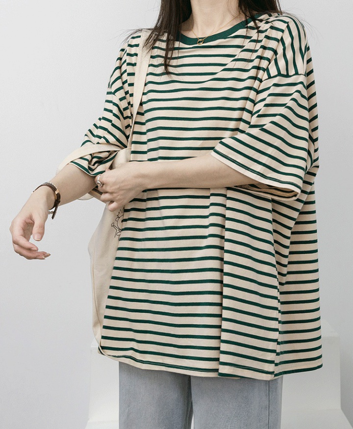 Stripe short sleeve cotton T-shirt summer lazy tops for women