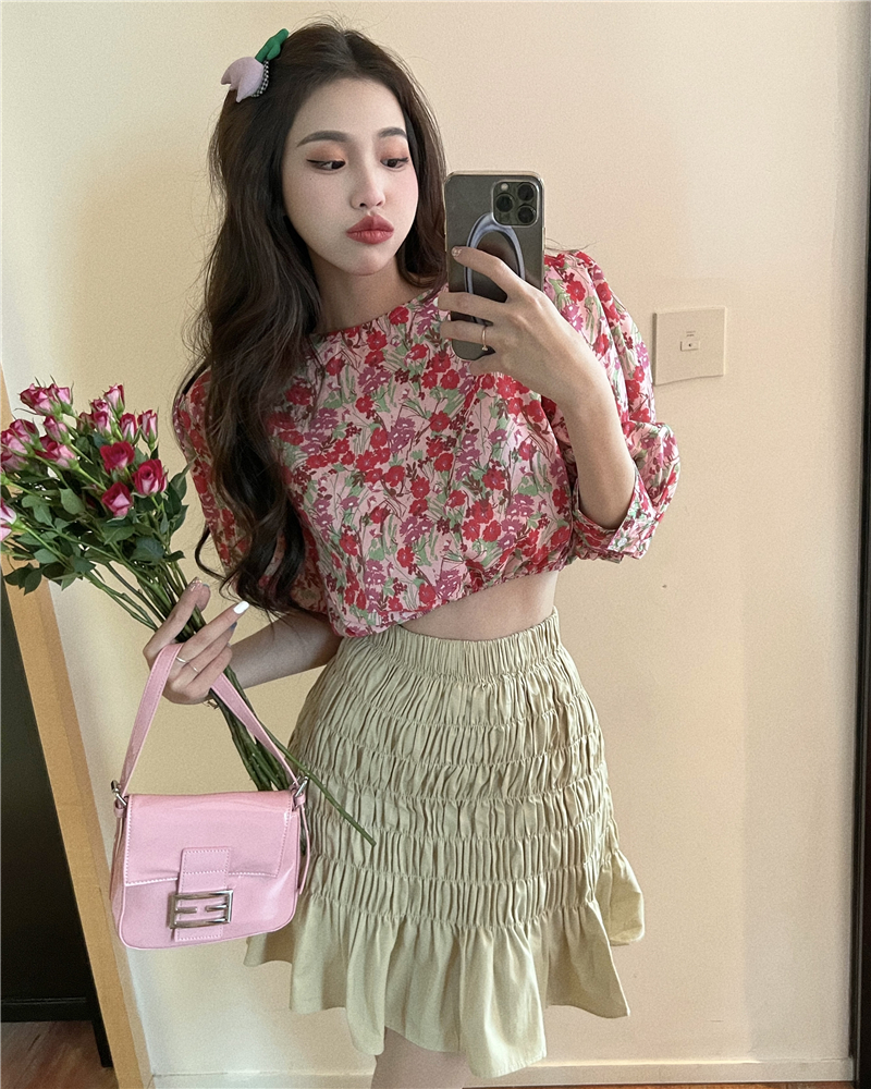 Puff sleeve short high waist skirt floral chouzhe shirt 2pcs set