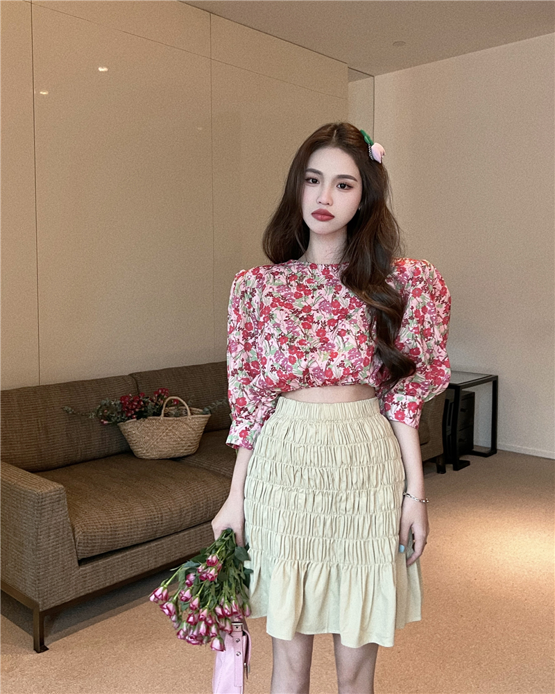 Puff sleeve short high waist skirt floral chouzhe shirt 2pcs set