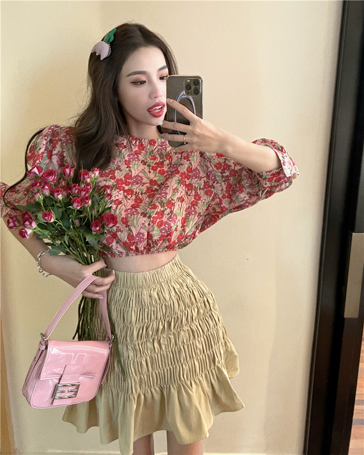 Puff sleeve short high waist skirt floral chouzhe shirt 2pcs set