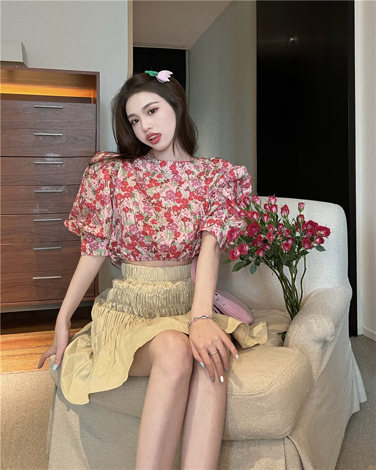 Puff sleeve short high waist skirt floral chouzhe shirt 2pcs set