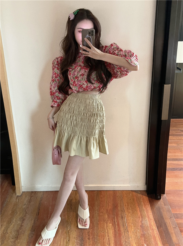 Puff sleeve short high waist skirt floral chouzhe shirt 2pcs set