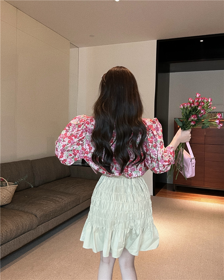 Puff sleeve short high waist skirt floral chouzhe shirt 2pcs set