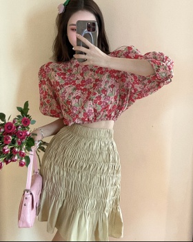 Puff sleeve short high waist skirt floral chouzhe shirt 2pcs set