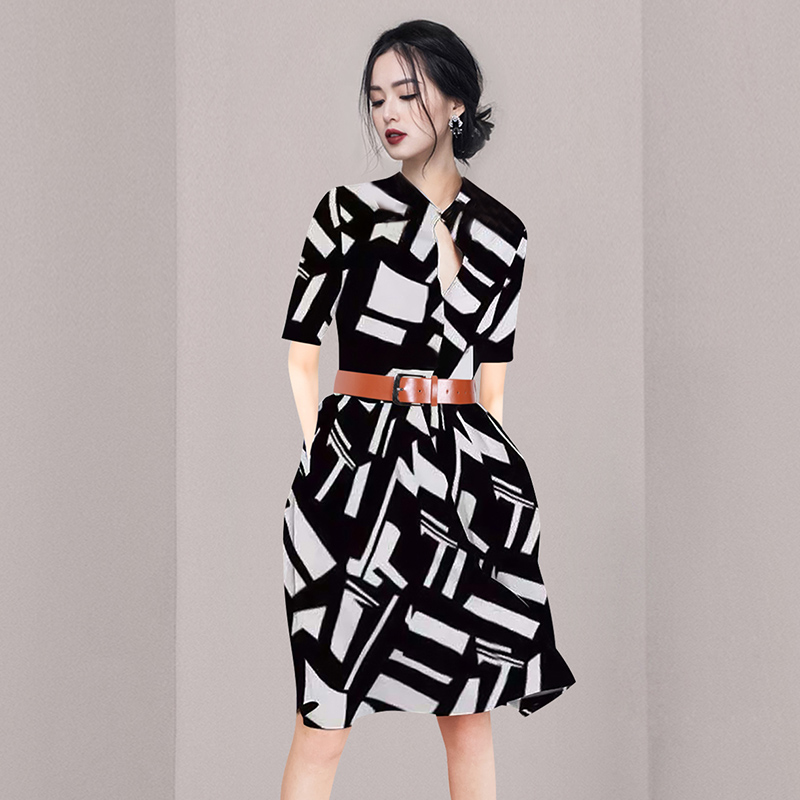 Printing pinched waist summer dress for women
