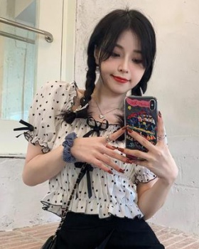 Bow polka dot T-shirt summer clavicle for women