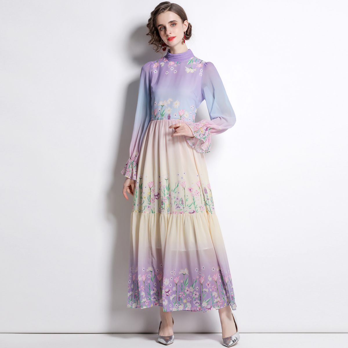 Trumpet sleeves printing sexy back bow dress