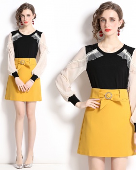 Knitted spring lantern sleeve tops splice round neck skirt