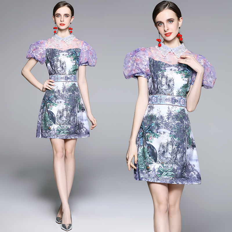 Splice puff sleeve lace doll collar slim floral lady dress