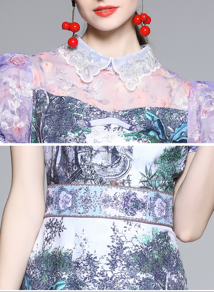 Splice puff sleeve lace doll collar slim floral lady dress