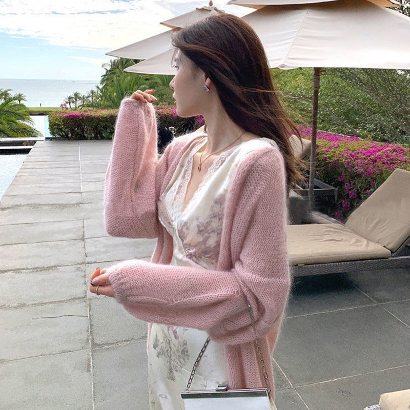 Mohair knitted cardigan lantern sleeve tops for women