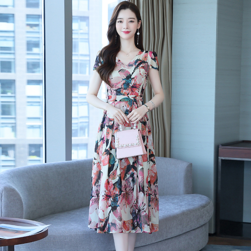 Summer floral real silk silk Western style dress for women