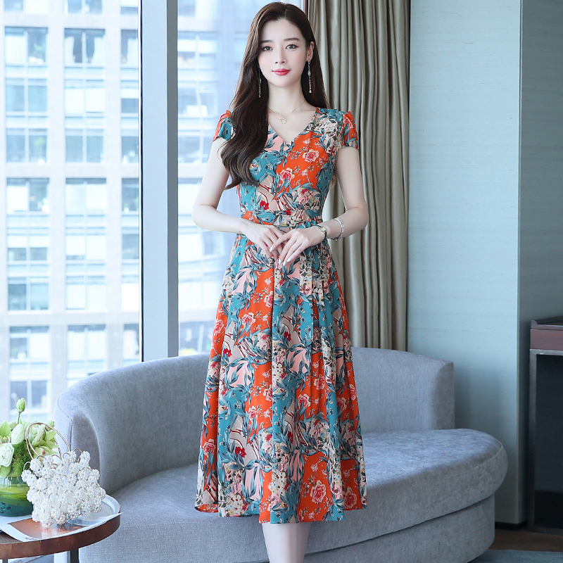 Summer floral real silk silk Western style dress for women