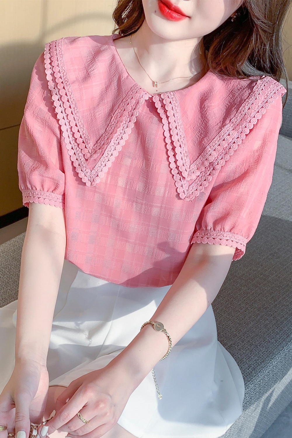 Doll collar short sleeve shirt beautiful summer small shirt