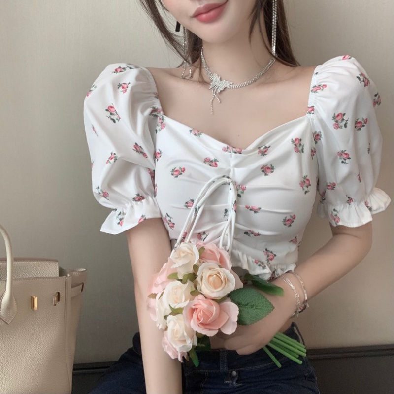 Folds floral France style tops strapless retro shirt
