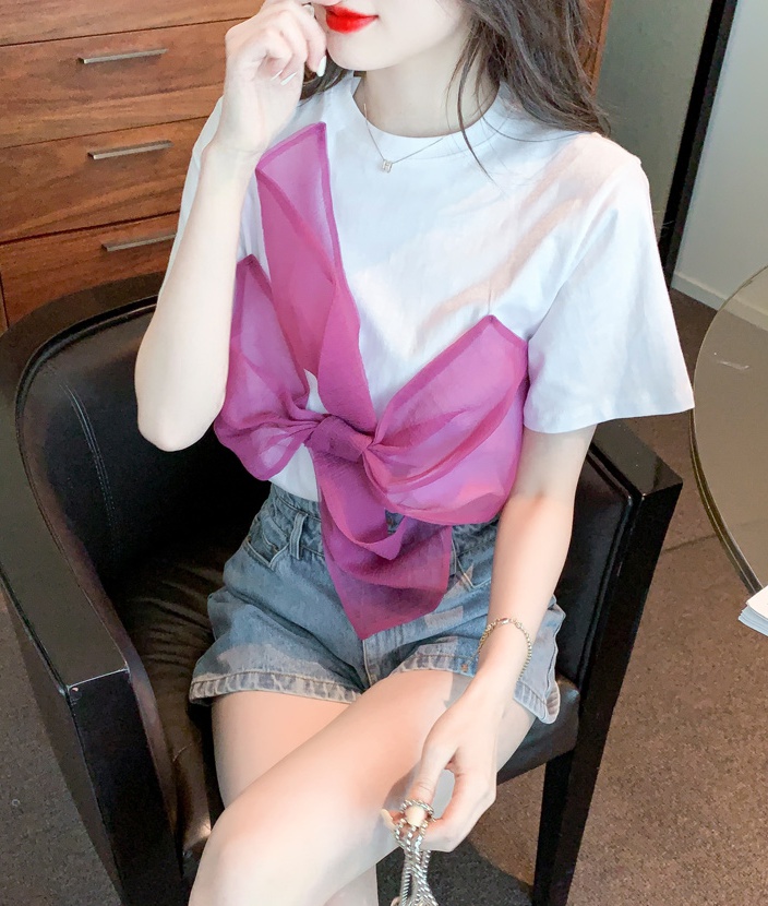 Bow pure cotton T-shirt summer white tops for women