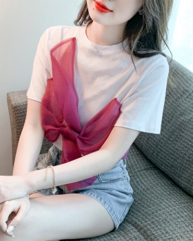 Bow pure cotton T-shirt summer white tops for women