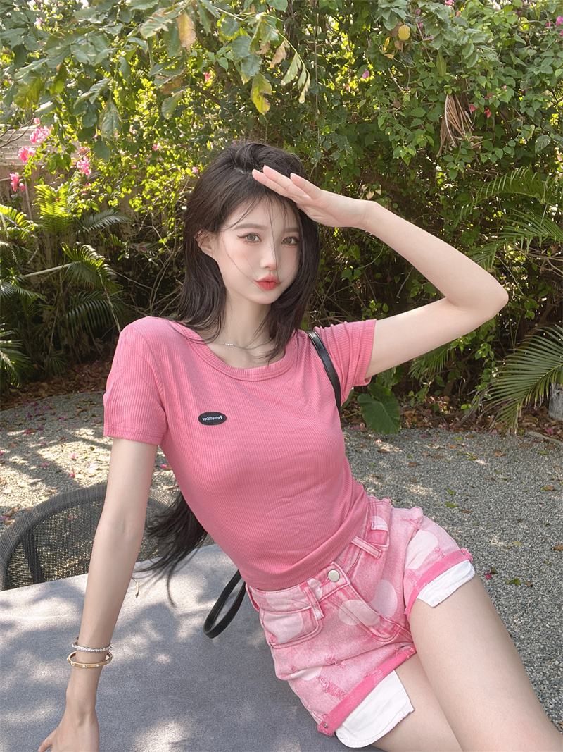 Round neck pink T-shirt summer short sleeve tops for women