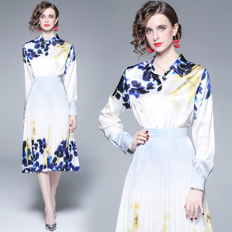 Fashion spring tops high waist printing short skirt a set